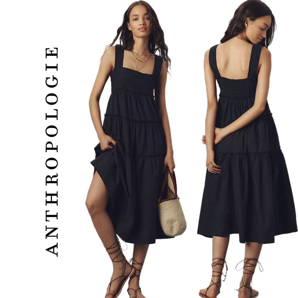 Anthropologie Helena Square-Neck Smocked Tiered Midi Dress